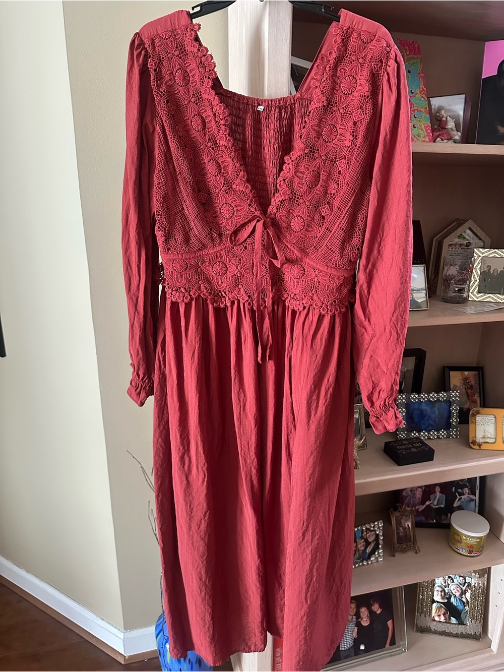 Women’s Midi Dress with Lace Bodice - Red